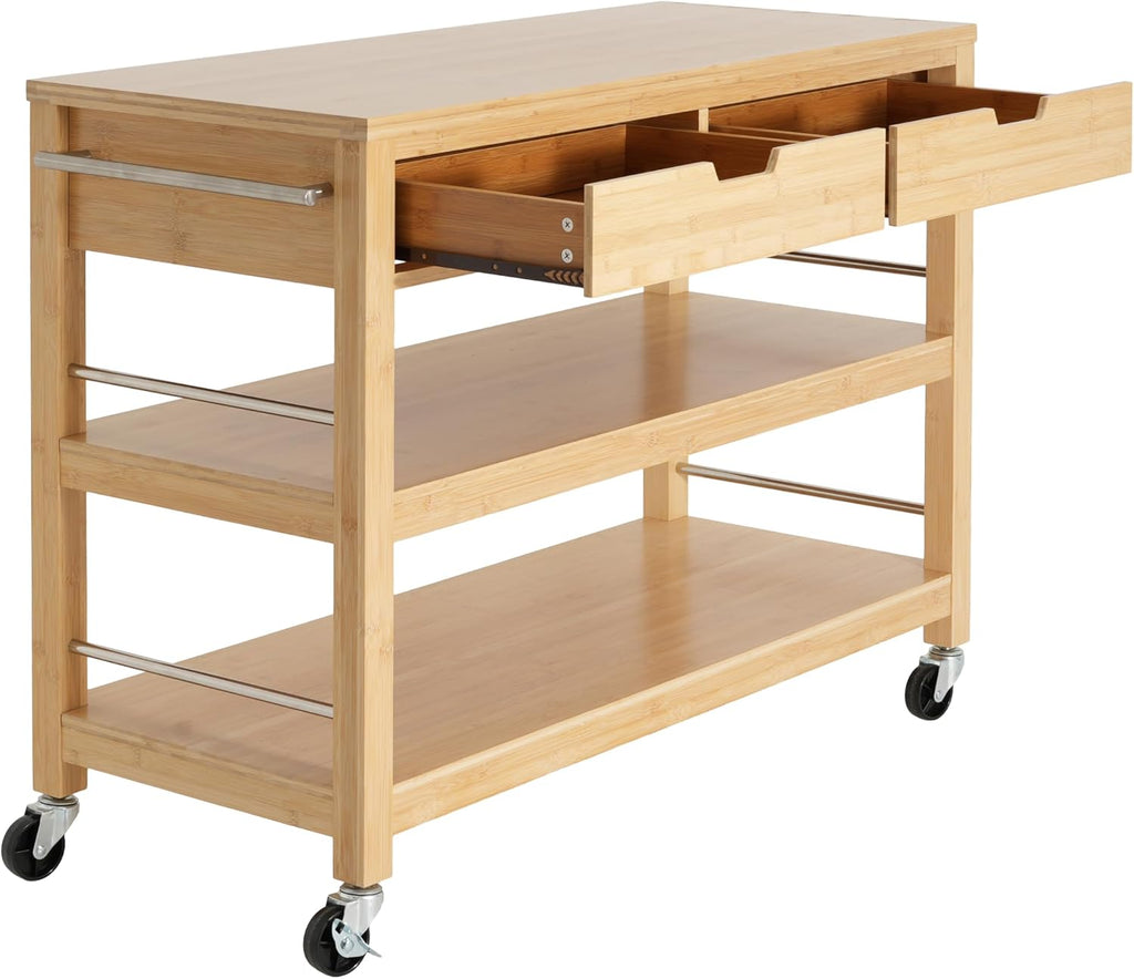 Christopher Knight Home Metis Bamboo Rolling Bar Cart with Storage, Kitchen Island on Wheels with Drawers, Mobile Kitchen Cart Storage Cabinet, Rolling Serving Cart, Shelf Rack Organizer, Natural