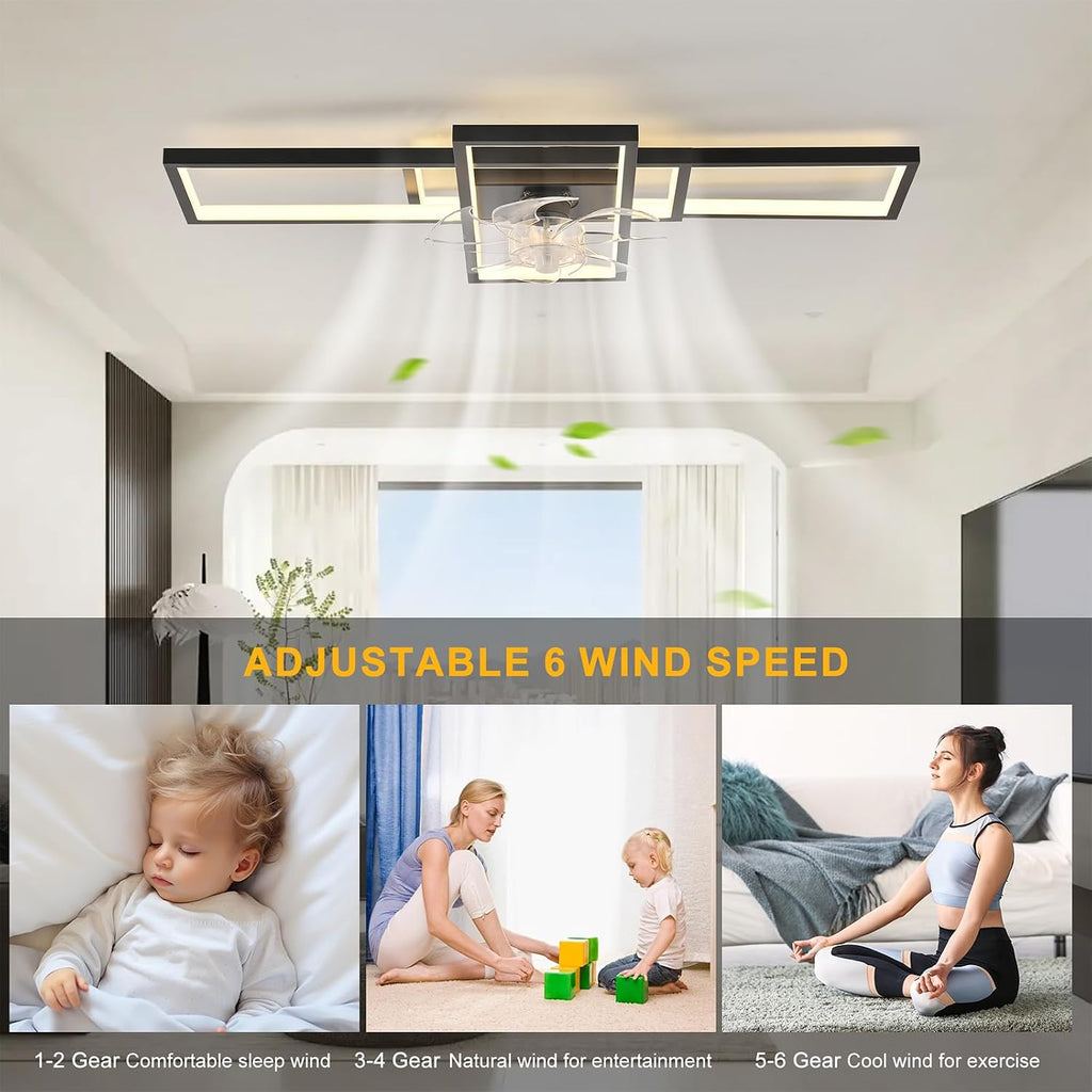 GEADI Modern Ceiling Fan with Light,Dimmable Flush Mount Ceiling Fans with Lights and Remote,35.4' Black Led Fandelier,Low Profile Ceiling Fan for Bedroom,Kitchen（6-Speed,Timing,3000-6000k）