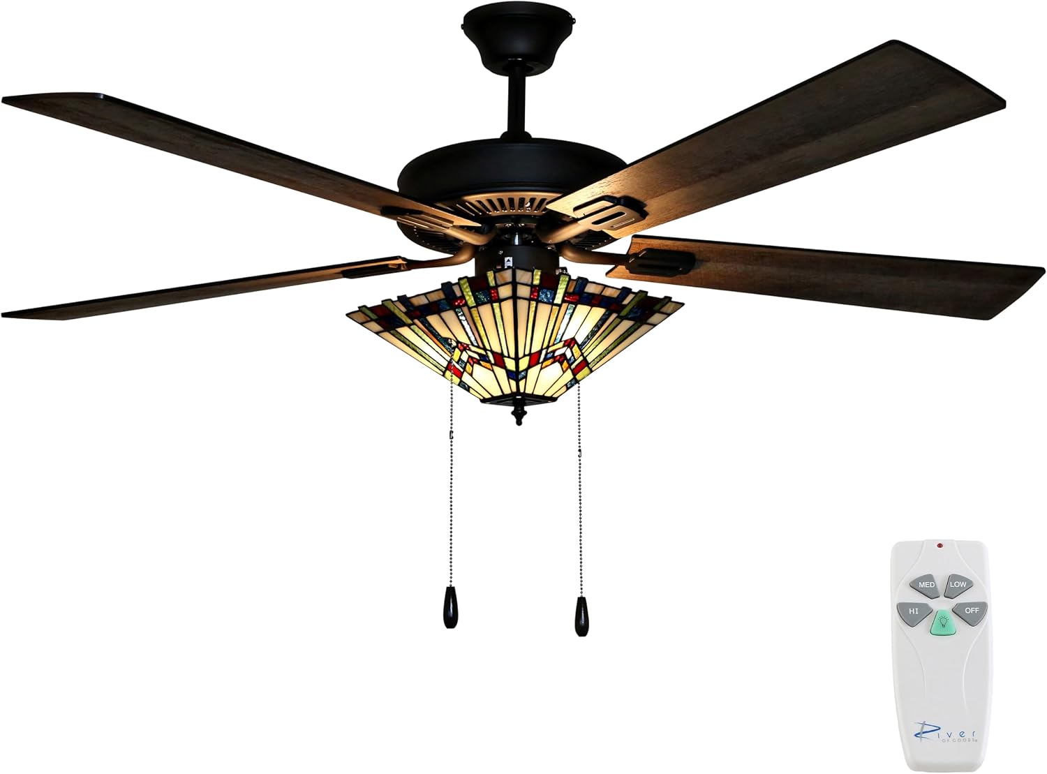 RIVER OF GOODS 52 Inch Craftsman LED Ceiling Fan with Lights - Tiffany-Style Stained Glass Ceiling Light Fixture - Elegant Chandelier Fans with Lights and Remote