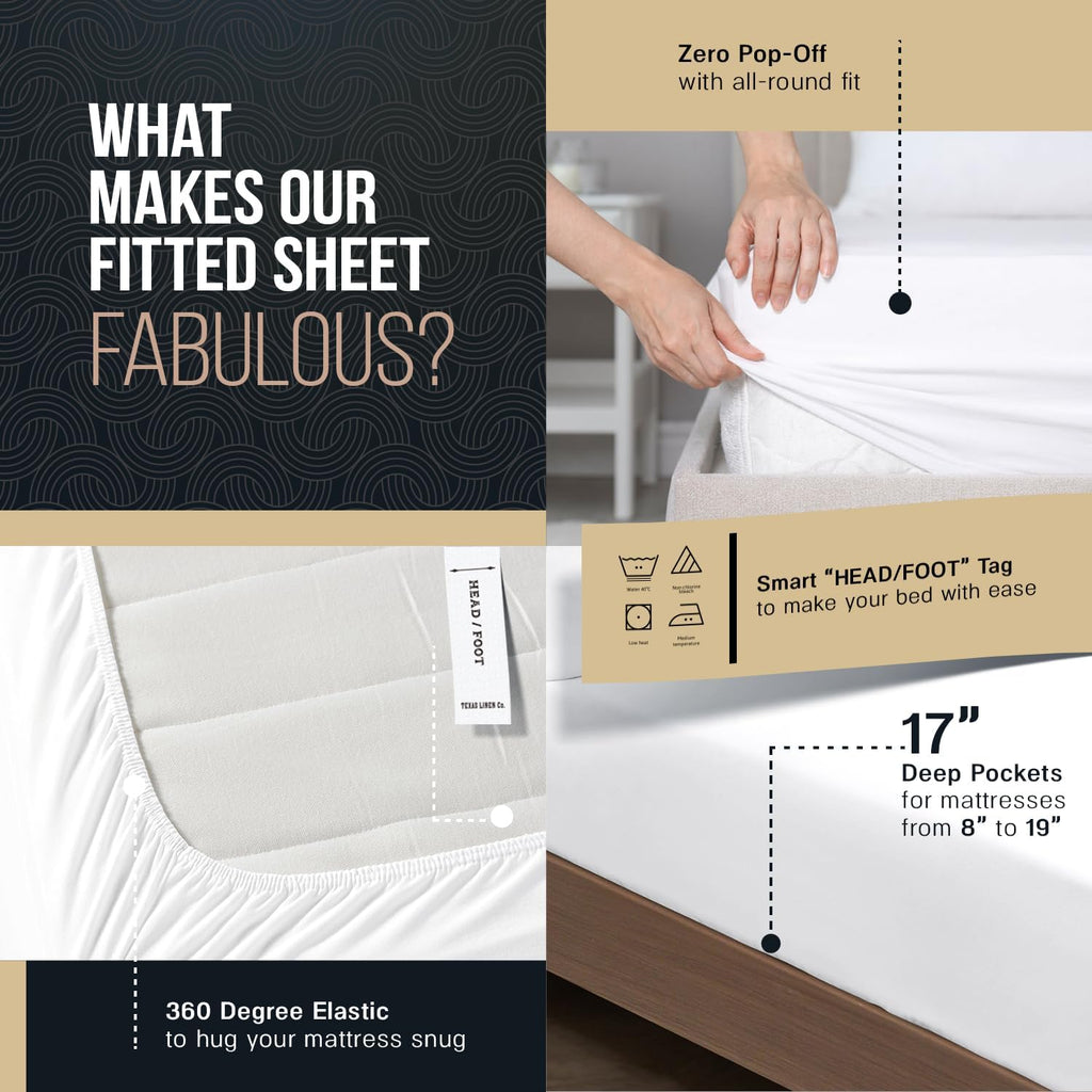 TEXAS LINEN CO. 100% Egyptian Cotton Sheets California King Size - Luxury 1500 Series Couture Comfortin' Damask Cal King Sheet Set Egyptian Cotton, (4 PC, White Stripe), 17' Deep Pocket Bedsheet Set