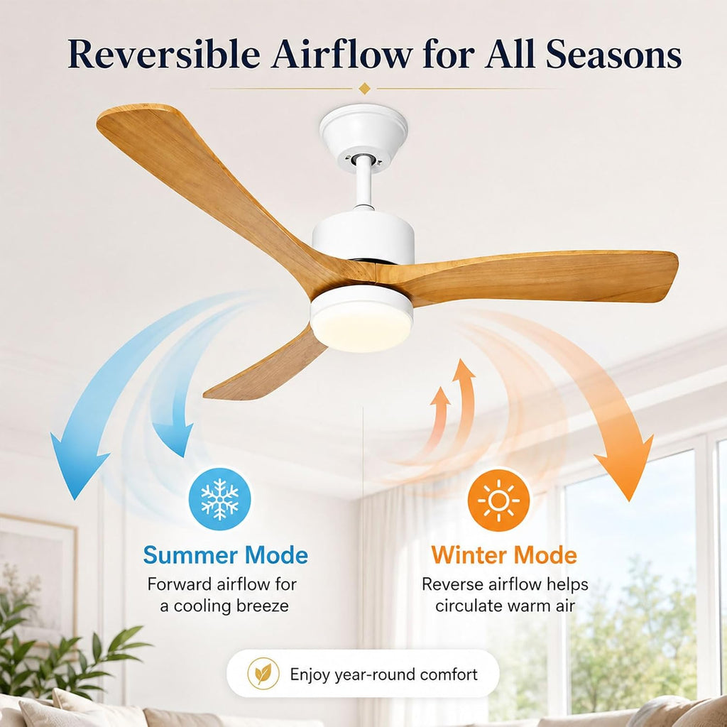 48-Inch Modern Ceiling Fan with LED Light, 6-Speed DC Motor, Remote & Wall Control, Reversible Blades Wood Quiet Ceiling Fans for Bedroom & Living Room