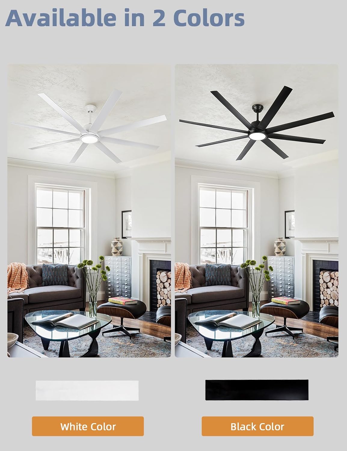 72 Inch Large Ceiling Fans with Lights and Remote Control, 6 Wind Speeds, LED Dimmable DC Reversible indoor/outdoor Ceiling Fans with 8 Blades for Living Rooms, Kitchen, Patio, White