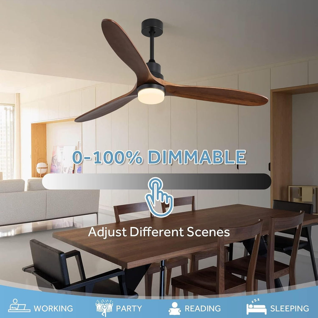 Sofucor 60 Inch Ceiling Fan with Light and Remote - 3 Solid Wood Blades, Quiet DC Motor, 6 Speeds 7000CFM, Dimmable Tri-Color LED with Memory, Timer & Reversible for Living Room, ETL, Walnut Wood