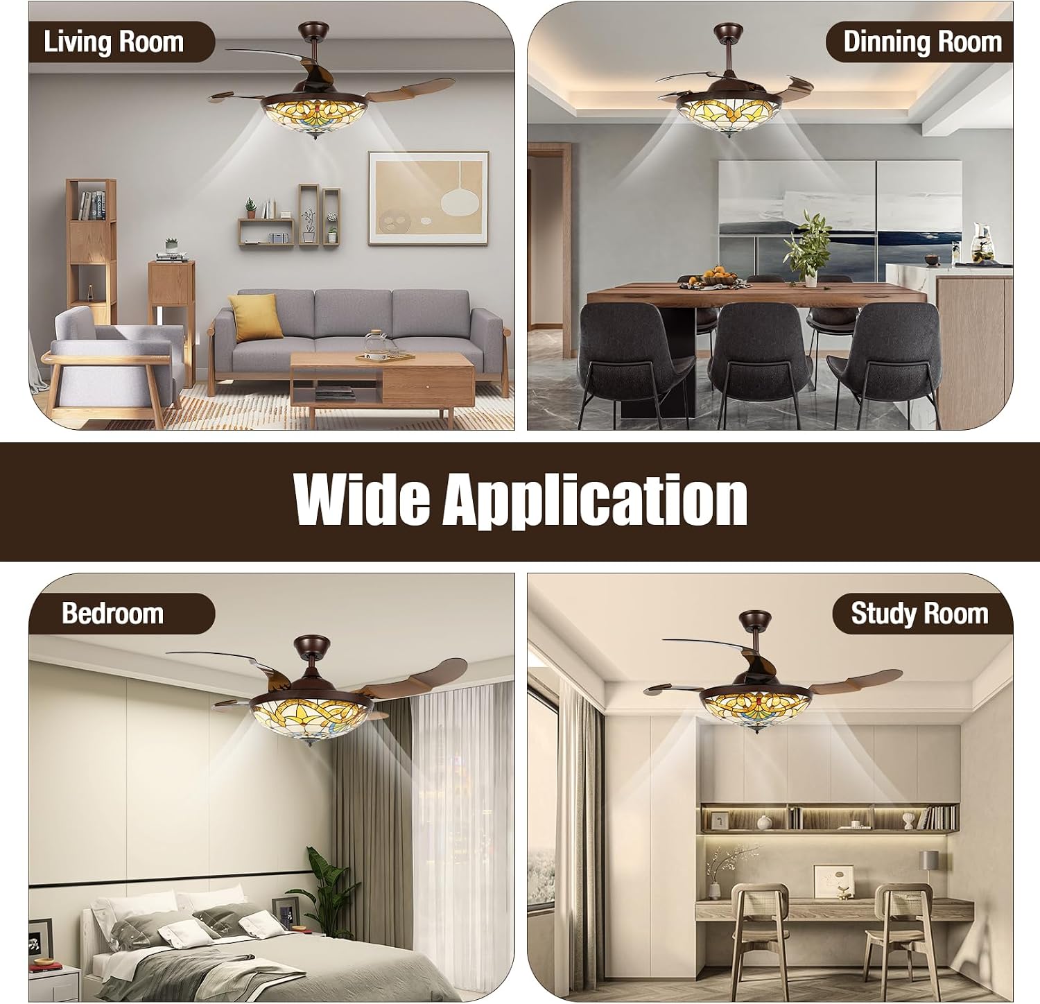 Retractable Fan Light, 42' Farm Ceiling Lighting with Remote Control, Led Dimmable Chandelier, Vintage Stained Glass Led Chandelier, Retractable Ceiling Fan for Cafe Bedroom.