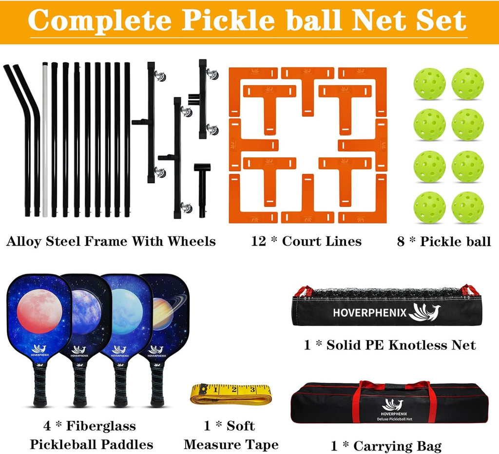 Portable Pickleball Net Set, 22FT Pickle Ball Net with Paddle Set of 4 | Regulation Size Net, Weather Resistant Steel Frame, Outdoor Pickleballs and Carry Bag, Easy Setup for Driveway, Backyard