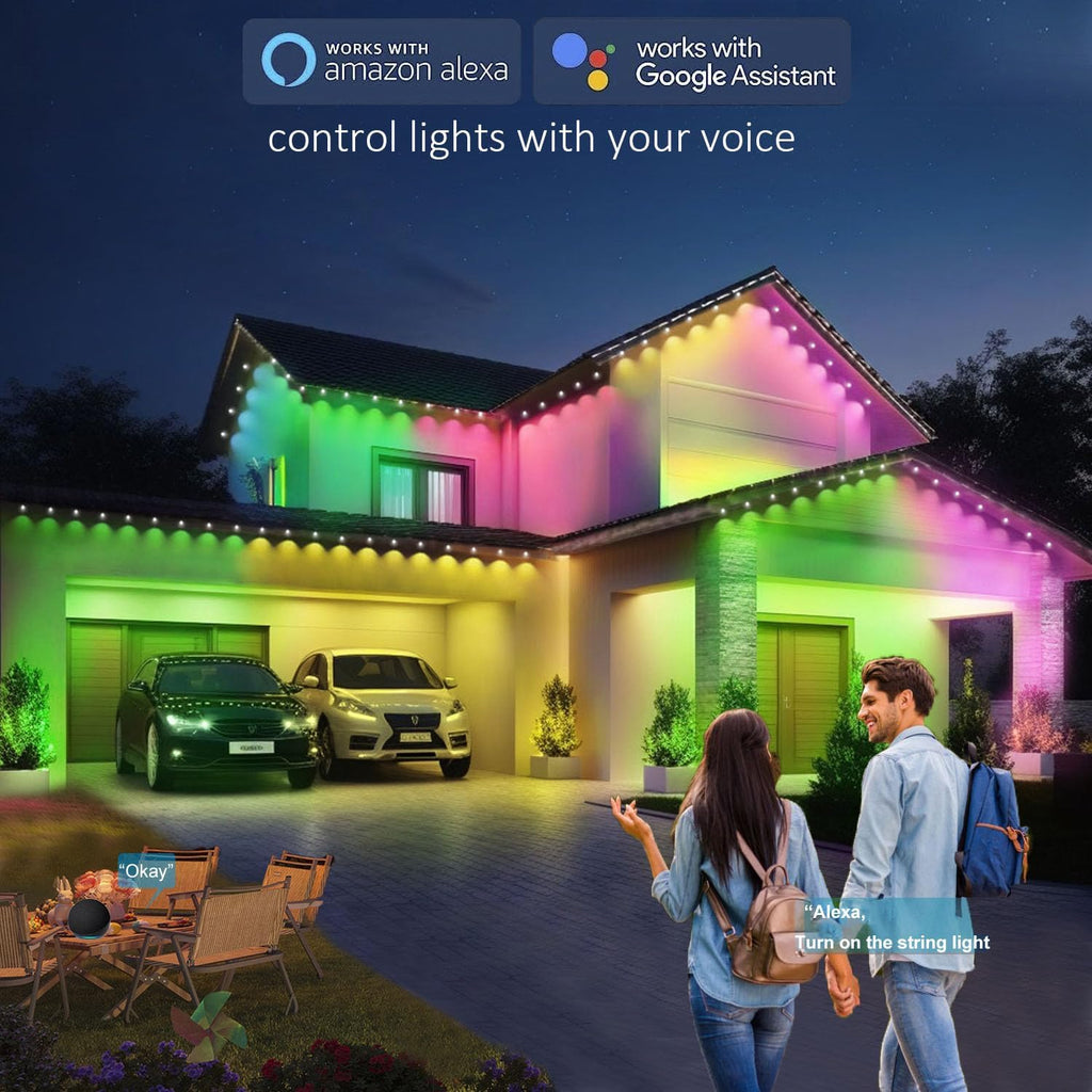 Rosykite Outdoor Christmas Lights - 50ft Smart RGB+IC Color Eaves Lights with 63 Scene, IP67 Waterproof, Alexa & Google Assistant Voice Control