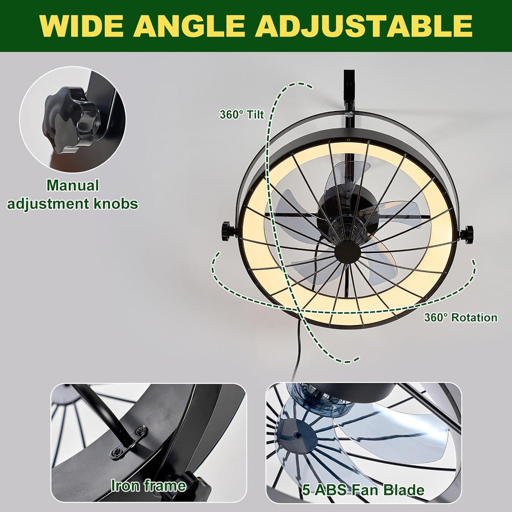 Wall Mount Fan with Remote App Control, 20' Quiet Wall Mounted Fans with Light, 3 Color Dimmable, 360° Adjustable Tilt Plug in Ceiling Fan Indoor Wall Hanging Fan for Garage, Home, Patio