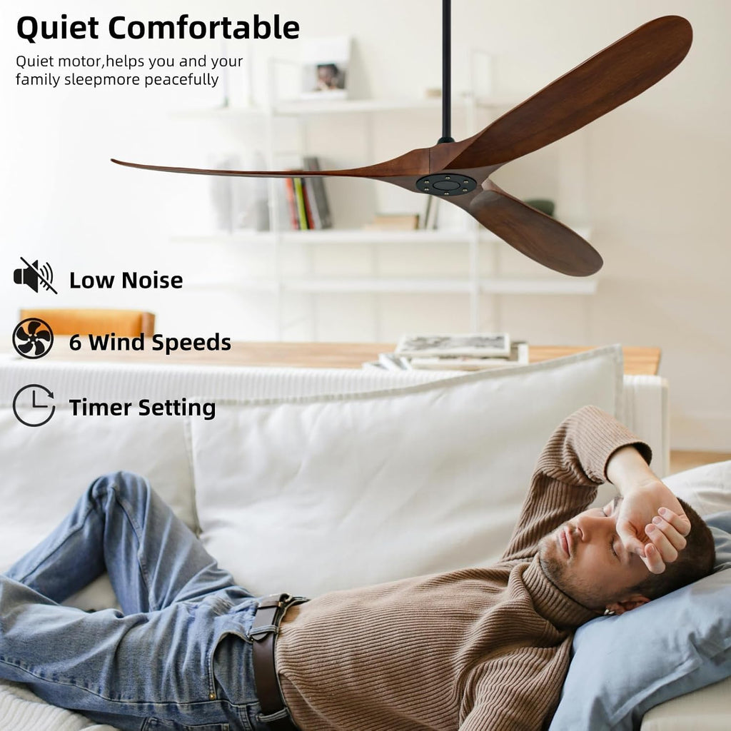 72 inch Ceiling Fan Without Light, 3 Solid Wood Blades and Remote Control, Modern Ceiling Fan No Light, Suitable for Terrace, Living Room, Farmhouse,Dining Room, Bedroom