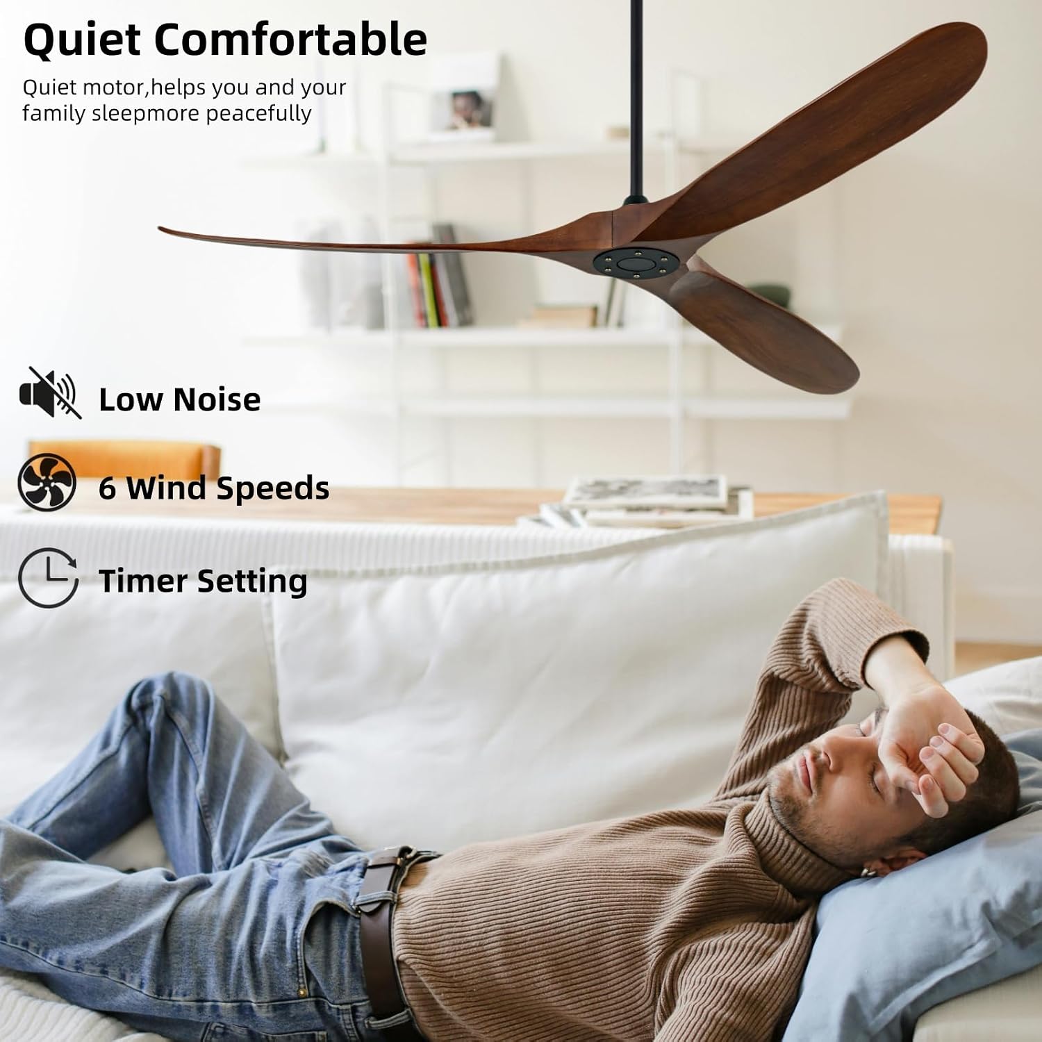 72 inch Ceiling Fan Without Light, 3 Solid Wood Blades and Remote Control, Modern Ceiling Fan No Light, Suitable for Terrace, Living Room, Farmhouse,Dining Room, Bedroom