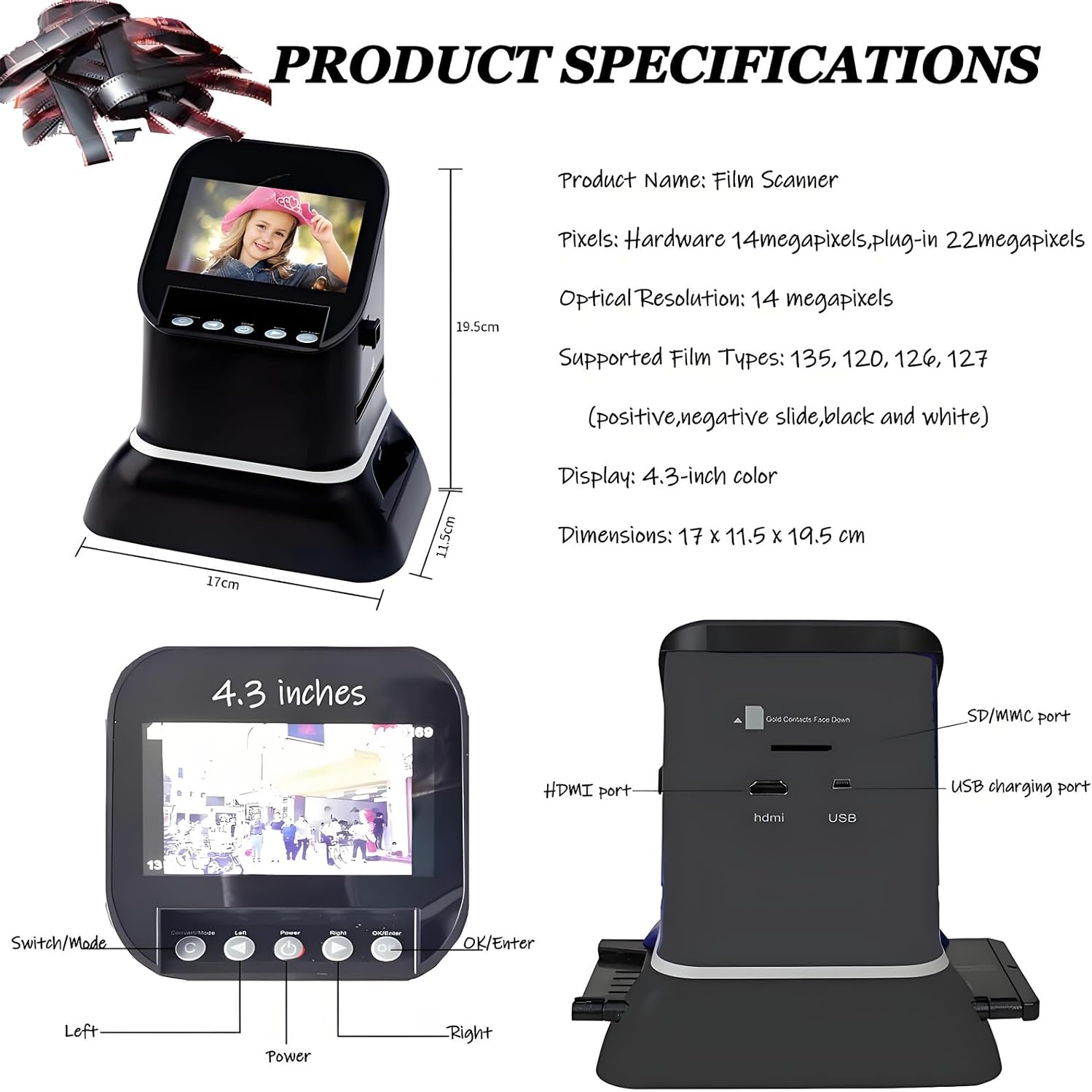 22MP High-Resolution Film & Slide Scanner with 4.3' LCD Converts 35mm 120 Medium Format 126KPK 135 Negatives & Slides to Digital JPEG