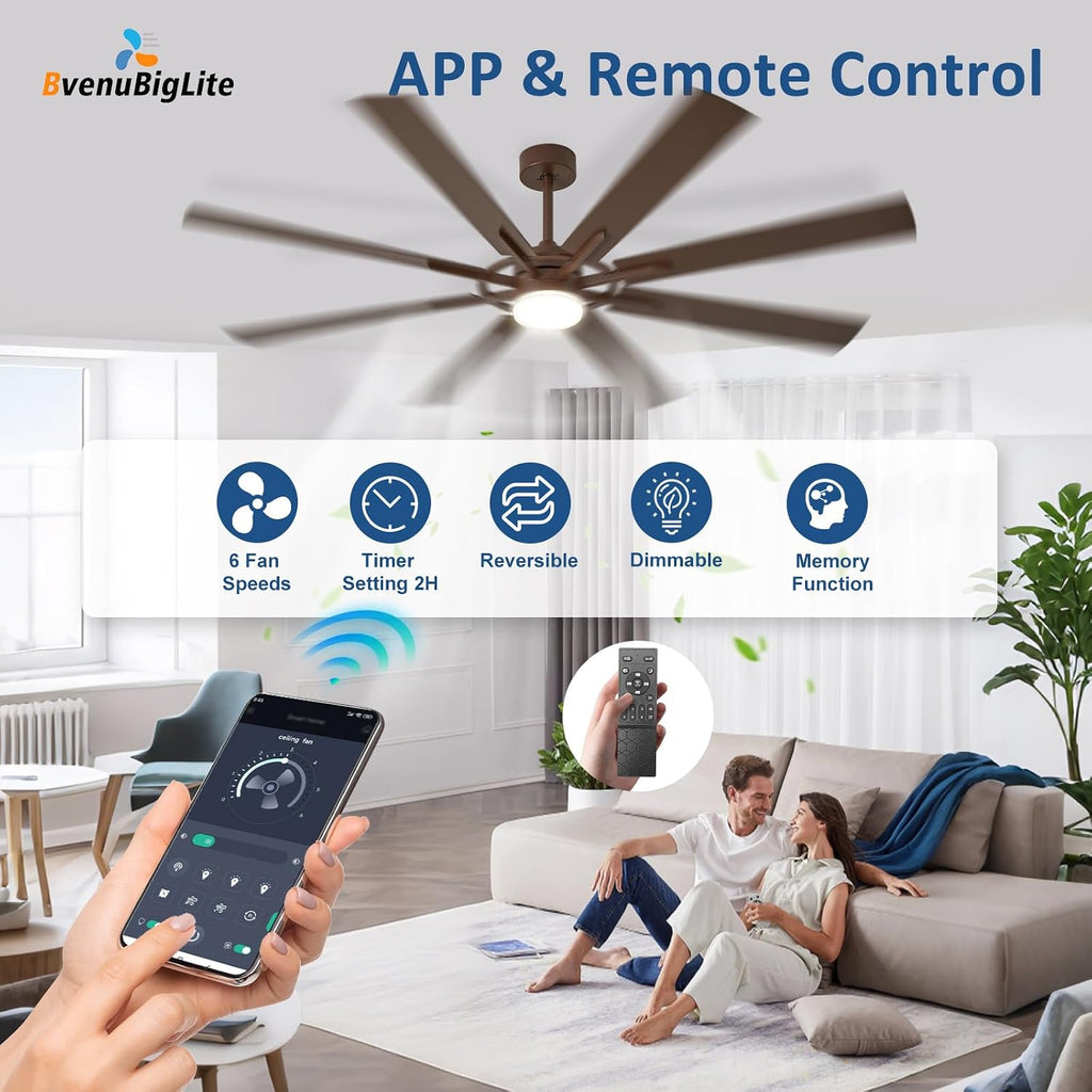 Large Ceiling Fans with Lights: Modern 66 Inch 8 Blade Outdoor Ceiling Fan with Remote APP Control - Dimmable Brown Big Fan light Indoor Reversible 6 Speed Quiet DC Motor