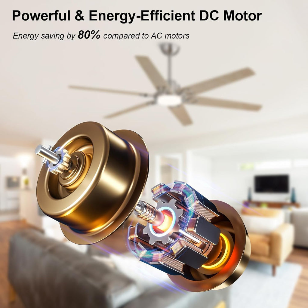 WINGBO Ceiling Fan with Lights - 64 inch Ceiling Fan with Remote,3CCT, Dimmable Light,6 Blades Modern Ceiling Fan, 6-Speed Noiseless Powerful DC Motor, ETL Listed, Indoor/Outdoor， Nickel + Light Wood