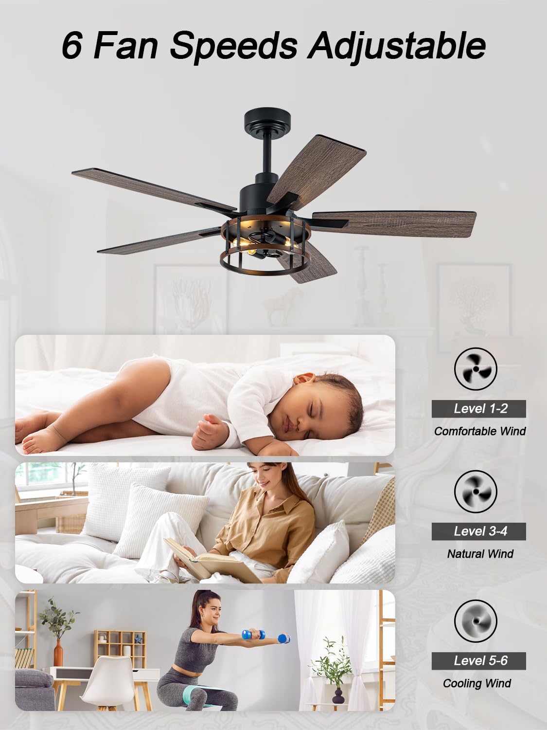 Rustic Ceiling Fan with Lights and Remote, Large Farmhouse Ceiling Fan Caged Fandelier Chandelier, Reversible Quiet DC Motor 6 Speeds for Living Room (Rustic Cage, 52 Inch)