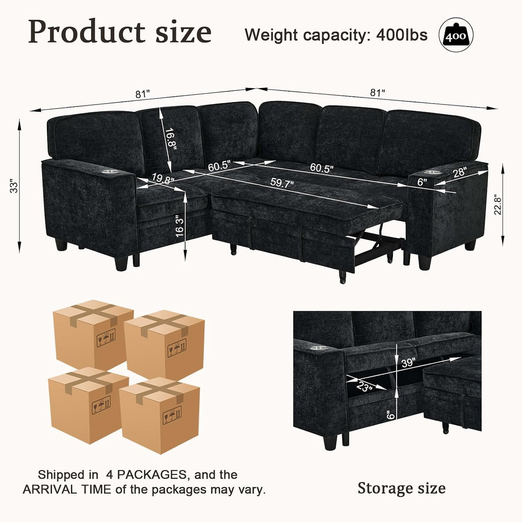 KEIKI 81' L-Shaped Oversized Chenille Modular Sectional Sleeper Sofa with Pull-Out Bed, Storage Seat, Modern 5-Seater Upholstered Couch Bed with Charging Station, Easy Assembly, for Living Room, Black
