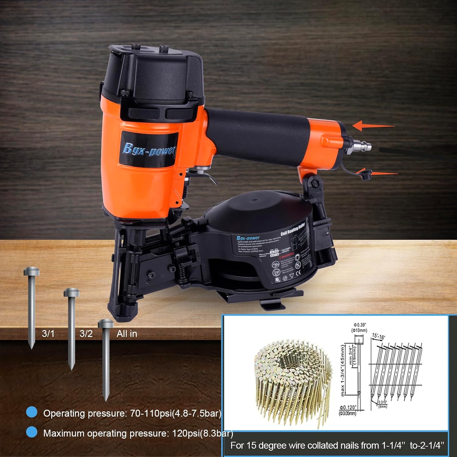 Roofing Nail Gun, 15 Degree CN45N Roofing Nailer 3/4-Inch to 1-3/4-Inch Coil Nails, 120-pcs Load Capacity Coil Nailer