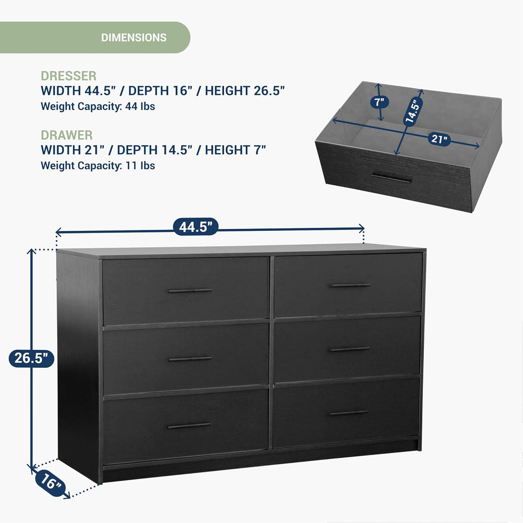 Modern 6-Drawer Dresser with Spacious Storage, Sturdy Wood Frame, Large Capacity Fabric Drawers, Dressers for Bedroom, Home Organization Storage for Living Room or Hallway, Black