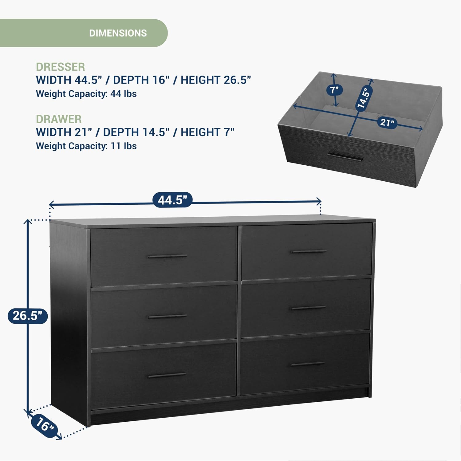 Modern 6-Drawer Dresser with Spacious Storage, Sturdy Wood Frame, Large Capacity Fabric Drawers, Dressers for Bedroom, Home Organization Storage for Living Room or Hallway, Black