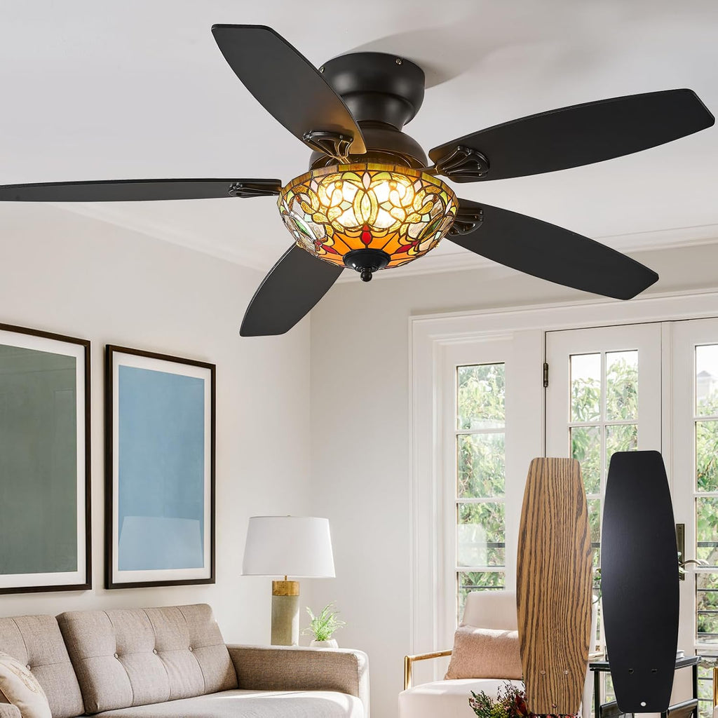 Tiffany Ceiling Fans with Lights - 48' Ceiling Fan Chandelier with 5 Dual-Blades and Glass Shade, 6 Speeds and Reversible, Indoor and Outdoor, Retro Style