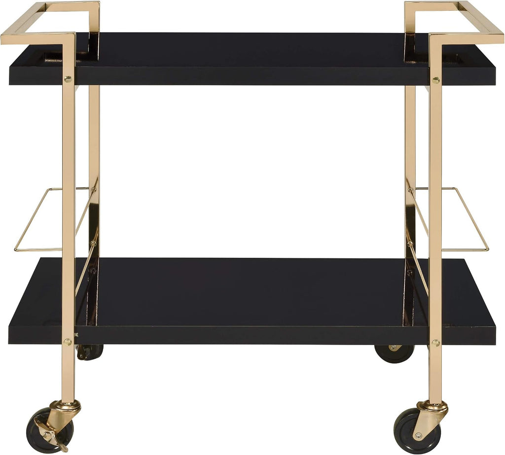 OSP Home Furnishings Alios Modern Serving Cart, Black Gloss Finish and Gold Frame