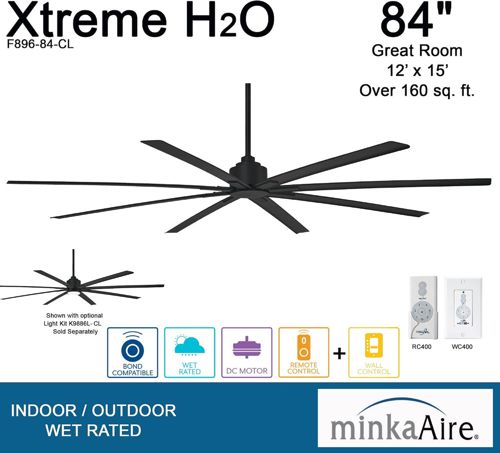 Minka-Aire F896-84-CL, Xtreme H2O 84' Ceiling Fan in Coal (Black) Finish with Remote and Additional Wall Control