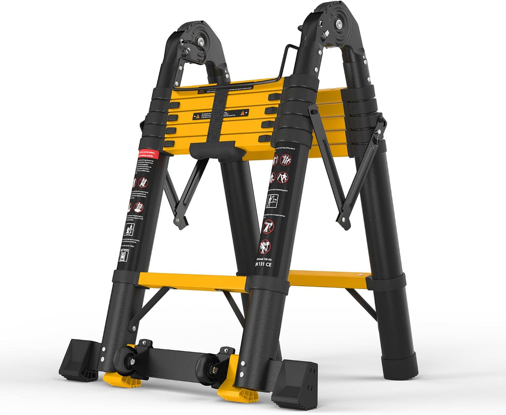 SINMEIRUN 12.5 FT Telescoping A Frame Ladder, 6 Step, Heavy Duty, 330lbs Max Capacity, Aluminum Extension Ladder for Home, Roof, RV; Yellow