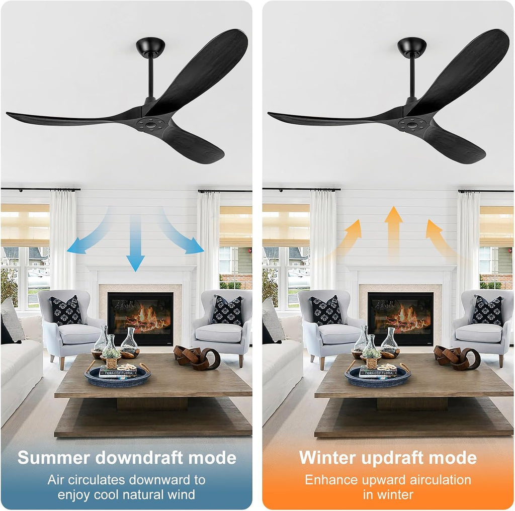 52' Ceiling Fans without Lights, Ceiling Fan no Light with 3 Blades, Solid Wood Ceiling Fan with Remote Control and DC Motor, Indoor Outdoor Ceiling Fans for Patios-Black
