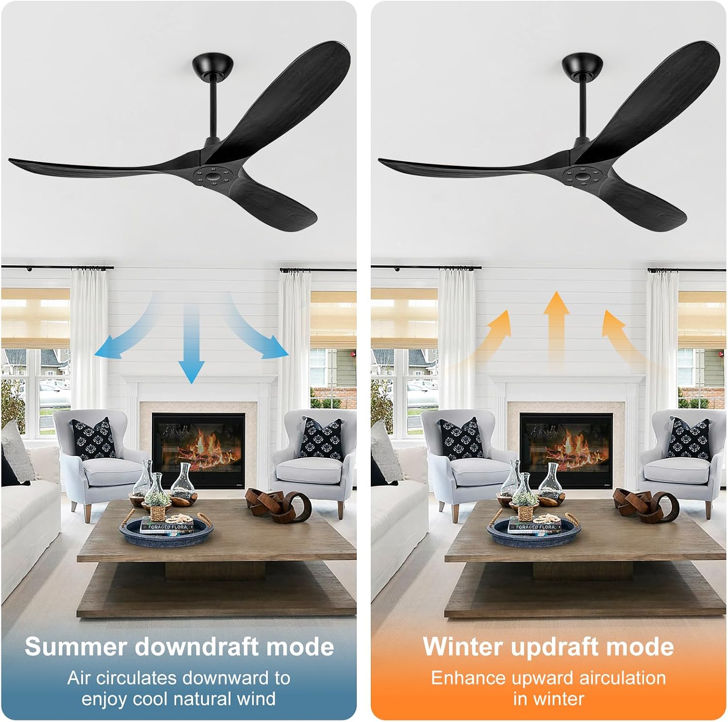 52' Ceiling Fans without Lights, Ceiling Fan no Light with 3 Blades, Solid Wood Ceiling Fan with Remote Control and DC Motor, Indoor Outdoor Ceiling Fans for Patios-Black