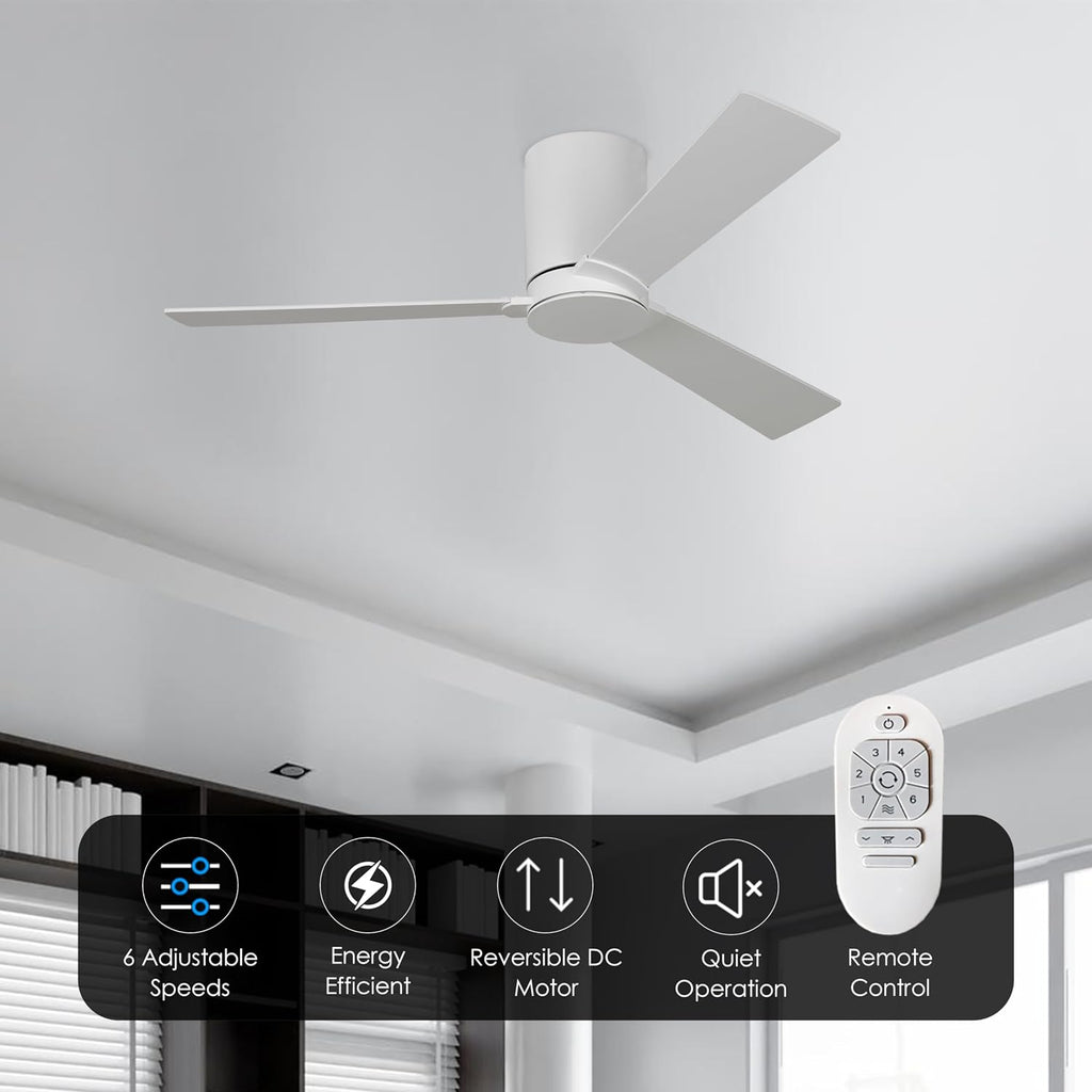 Monte Carlo 3RZHR52RZW Rozzen Hugger 52' Ceiling Fan with Remote Control, Reversible DC Motor, Damp Rated, 3 Blades (Matte White)