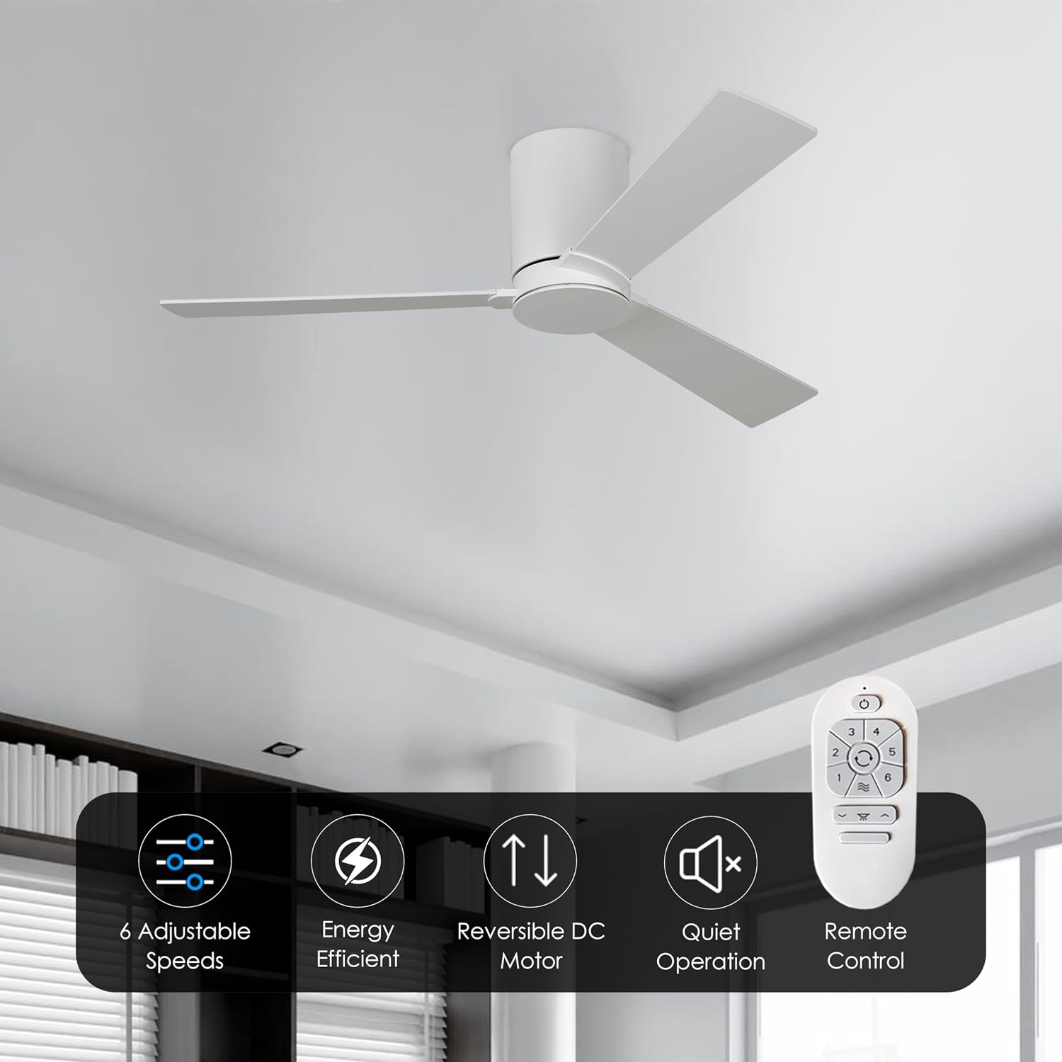 Monte Carlo 3RZHR52RZW Rozzen Hugger 52' Ceiling Fan with Remote Control, Reversible DC Motor, Damp Rated, 3 Blades (Matte White)
