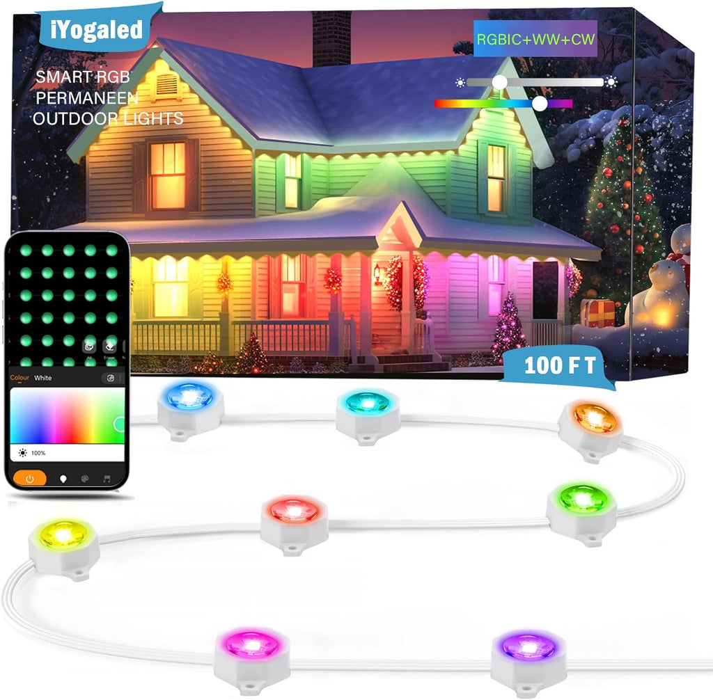 iYogaled Permanent Outdoor Christmas Lights 100ft,Smart RGB Color Changing Eave Lights with 63 Scene Modes, IP67 Waterproof Permanent Holiday Lamps Outdoor,APP,Voice,Remote Control
