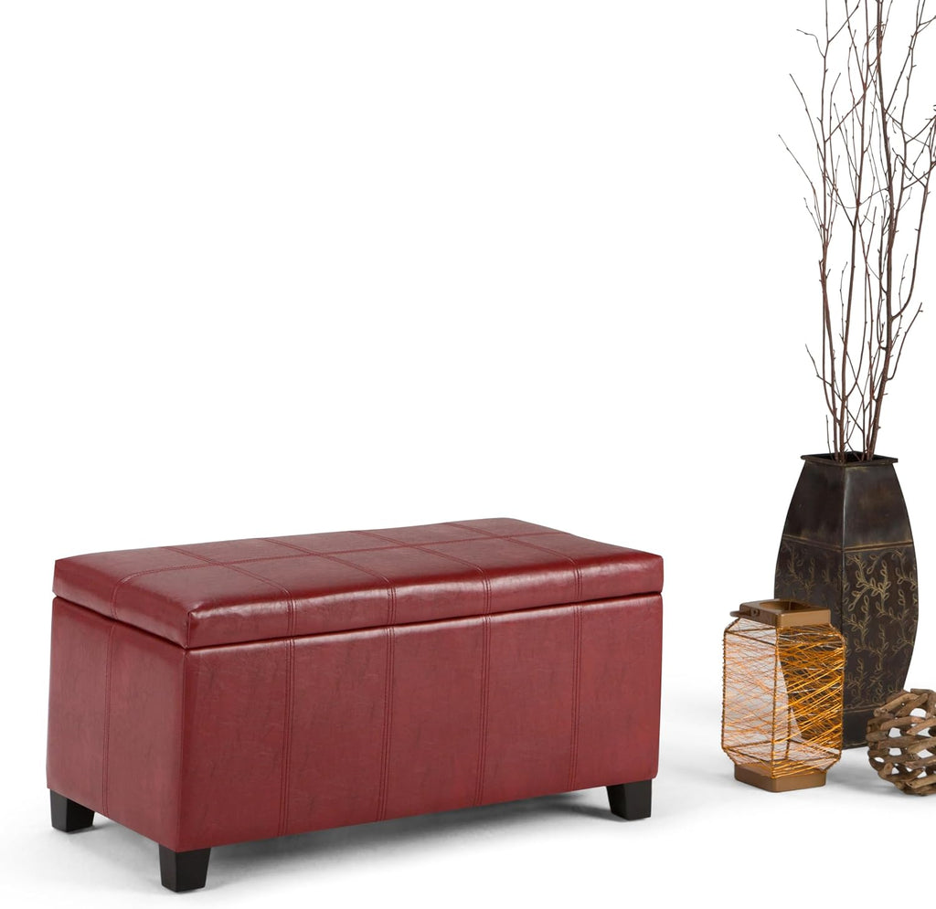 SIMPLIHOME Dover Storage Ottoman Bench - 36 inch Wide Upholstered Vegan Leather Rectangular Lift-Top Ottoman in Radicchio Red, Contemporary Bench for Living Room with Safety Hinges