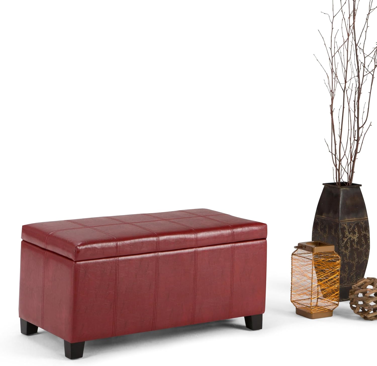 SIMPLIHOME Dover Storage Ottoman Bench - 36 inch Wide Upholstered Vegan Leather Rectangular Lift-Top Ottoman in Radicchio Red, Contemporary Bench for Living Room with Safety Hinges