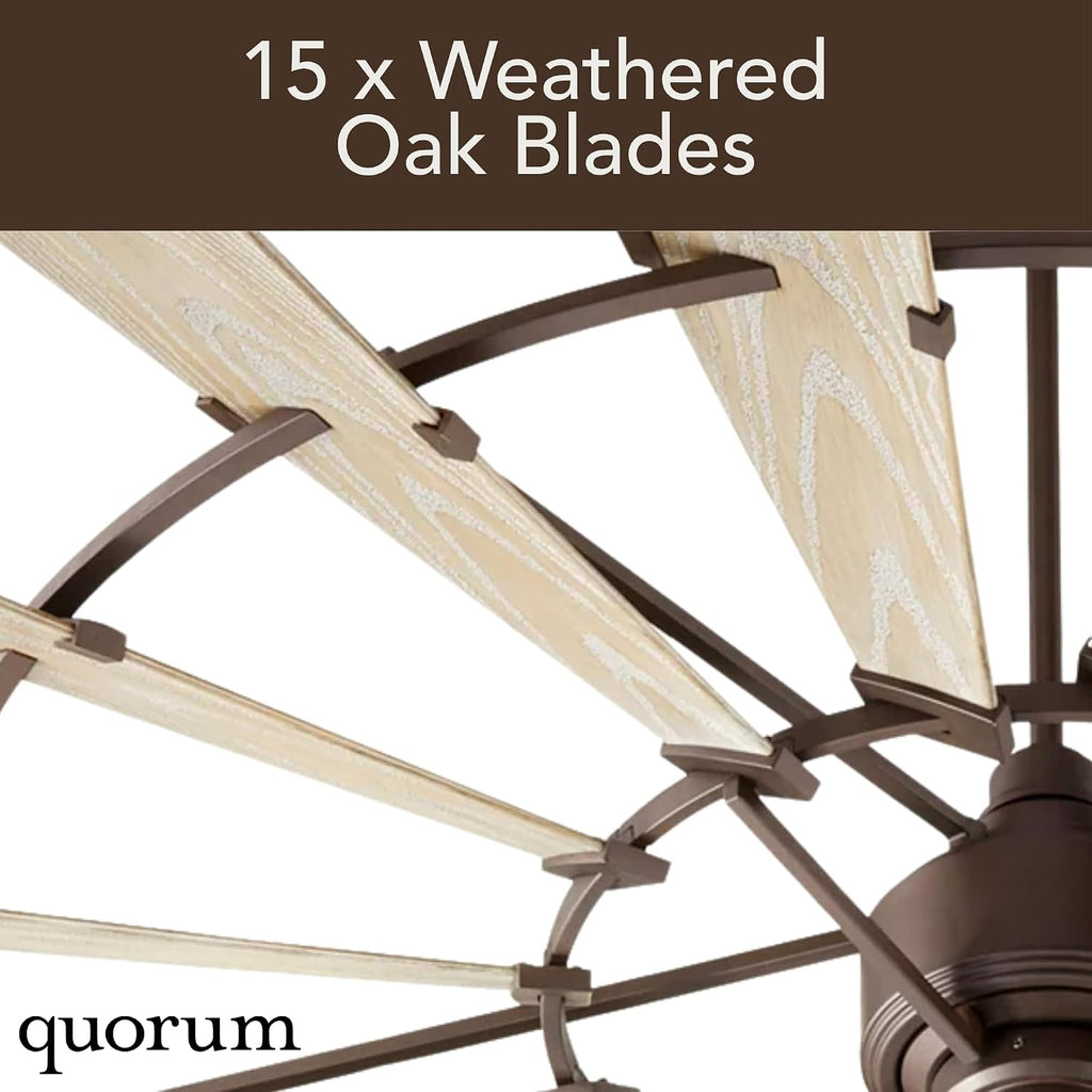 Quorum 196015-86 Windmill 60 Inch Ceiling Fan | 15 Blade Wagon Wheel Design | 6 Speed Reversible DC Motor | Remote Control Included | Damp Rated Fan | Weathered Oak Blades | Oiled Bronze Finish