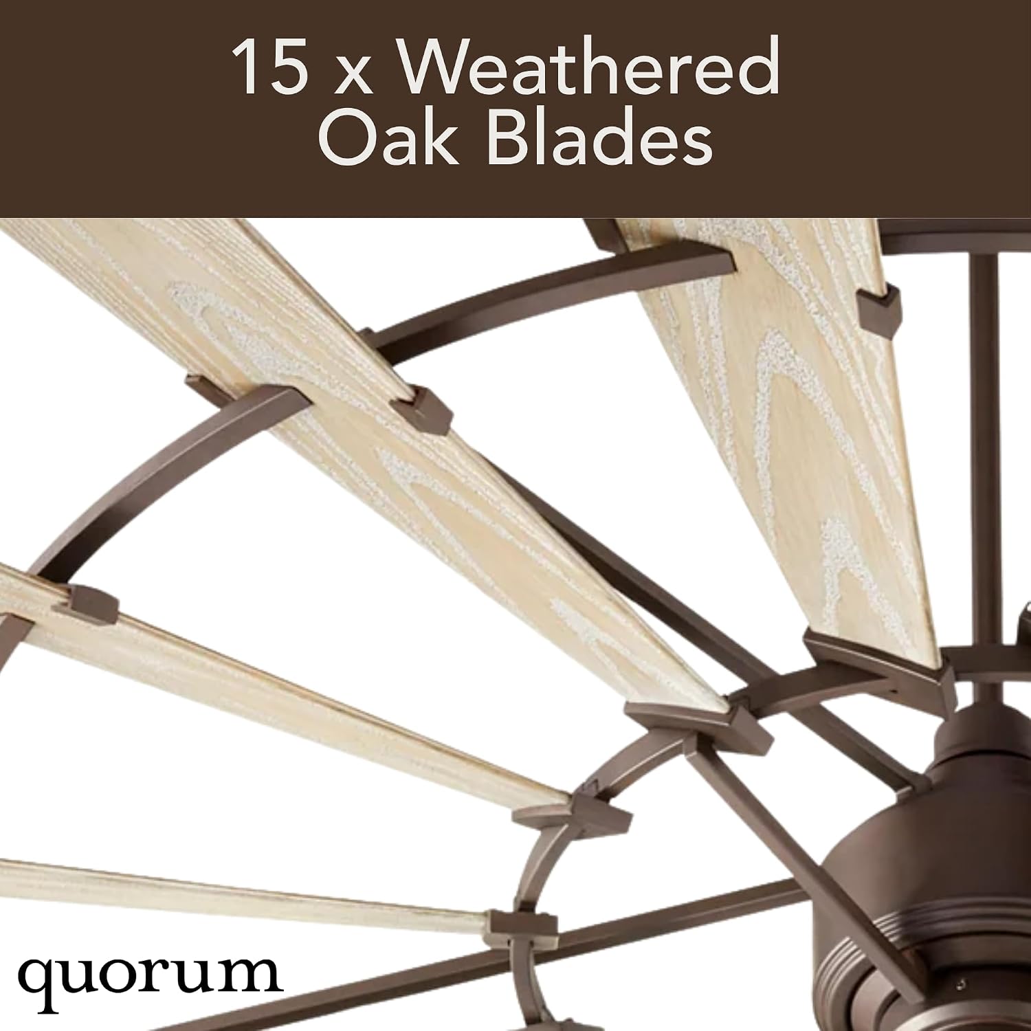 Quorum 196015-86 Windmill 60 Inch Ceiling Fan | 15 Blade Wagon Wheel Design | 6 Speed Reversible DC Motor | Remote Control Included | Damp Rated Fan | Weathered Oak Blades | Oiled Bronze Finish