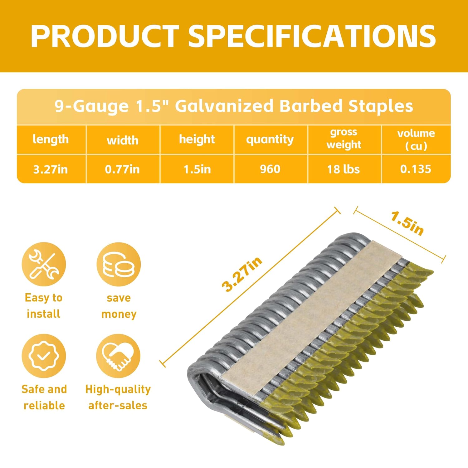 DFS9150B1G Galvanized Barbed Staples, 1.5 Inch, 960 Pack, for DEWALT 9GA Cordless Fencing Stapler