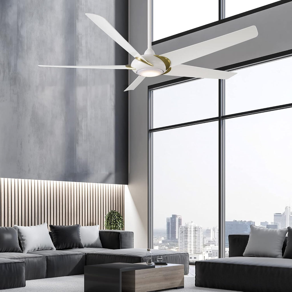 Modern Forms Lucid Indoor and Outdoor 5-Blade 62in Smart Ceiling Fan in Soft Brass Matte White with 3500K LED Light Kit and Remote Control works with Alexa and iOS or Android App