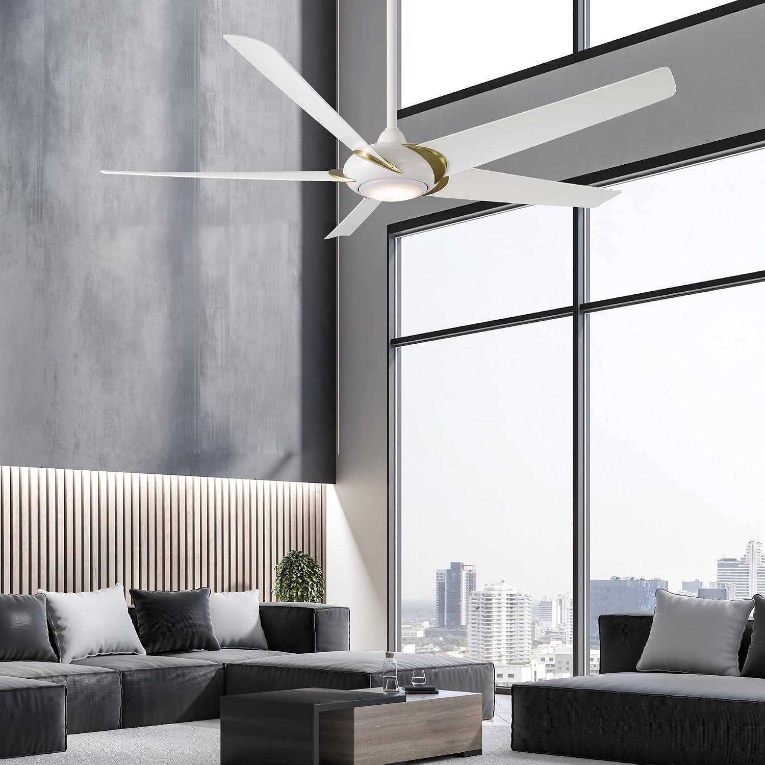 Modern Forms Lucid Indoor and Outdoor 5-Blade 62in Smart Ceiling Fan in Soft Brass Matte White with 3500K LED Light Kit and Remote Control works with Alexa and iOS or Android App