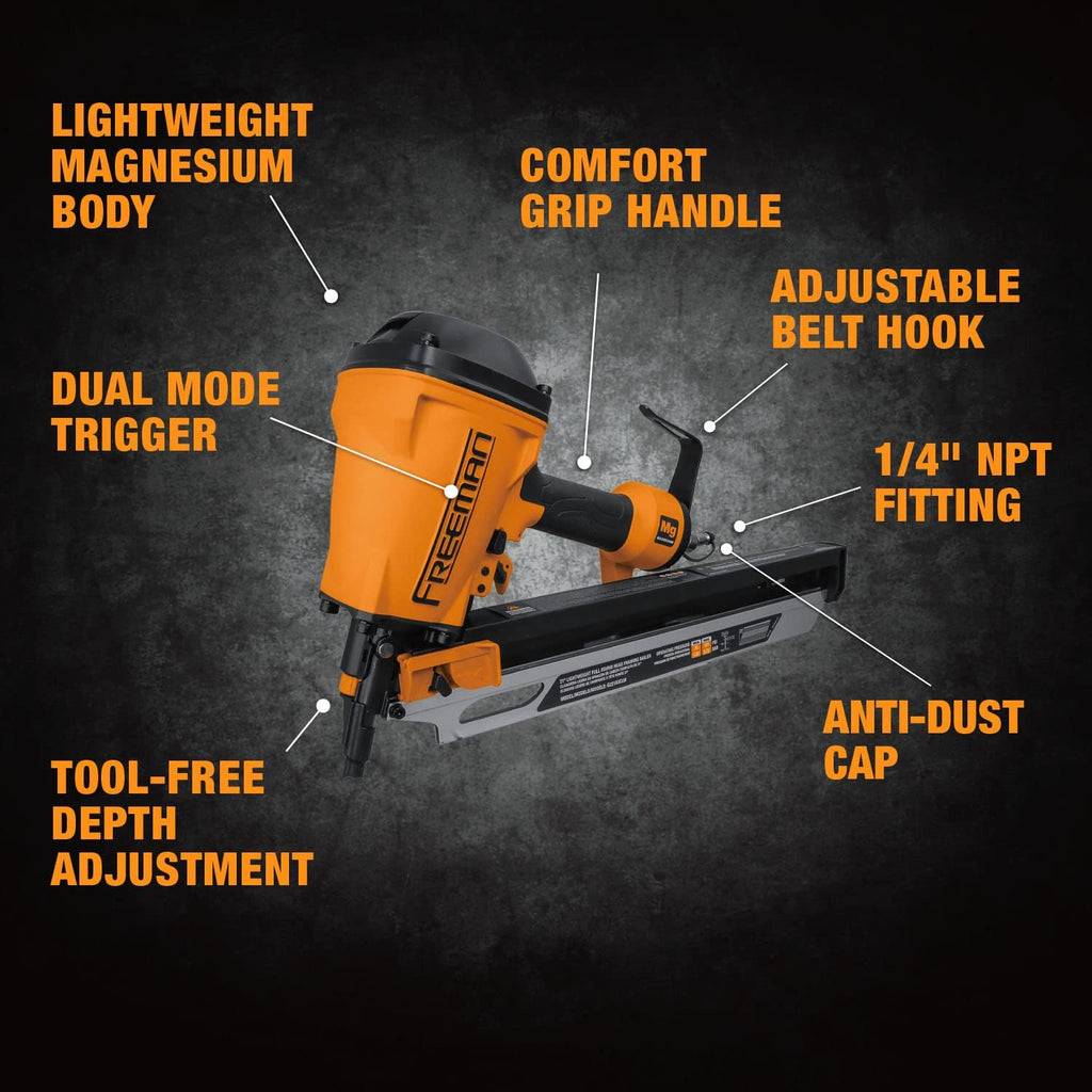 Freeman Compact Lightweight Pneumatic 21° 3-1/4' Framing Nailer | G22183CLW | Framing, Subfloors, Roof Decking, Pallet and Shipping Crate Assembly, Wood Fencing