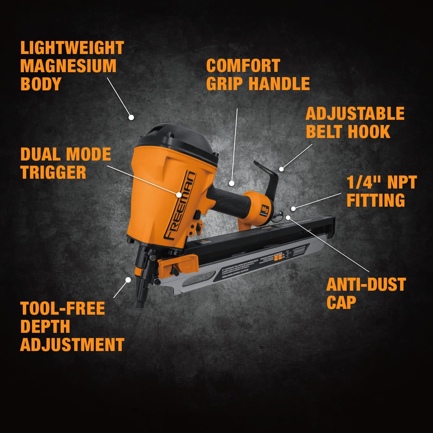 Freeman Compact Lightweight Pneumatic 21° 3-1/4' Framing Nailer | G22183CLW | Framing, Subfloors, Roof Decking, Pallet and Shipping Crate Assembly, Wood Fencing
