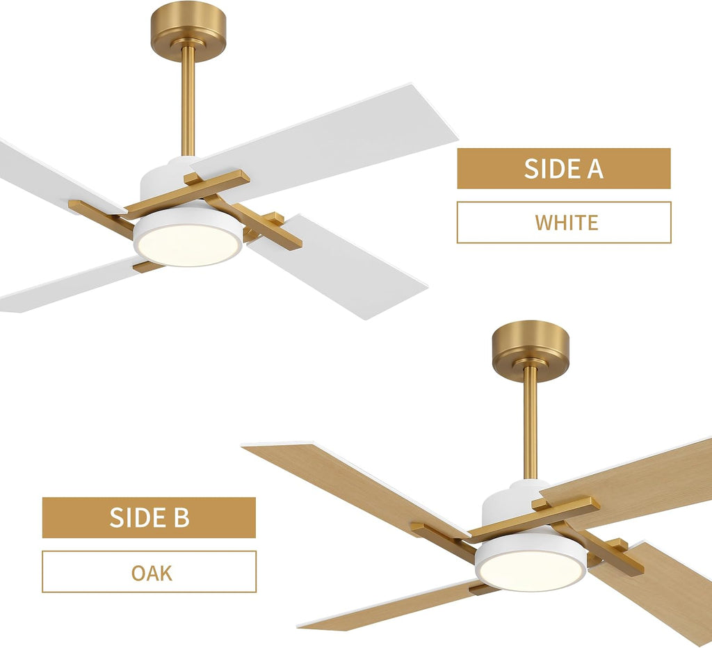 WINGBO 48 Inch Ceiling Fan with Light and Remote, 4 Plywood Blades, 6-Speed Reversible DC Motor, Dimmable, 3CCT, Farmhouse Ceiling Fan for Bedroom Living Room Kitchen, Brass and White/Oak