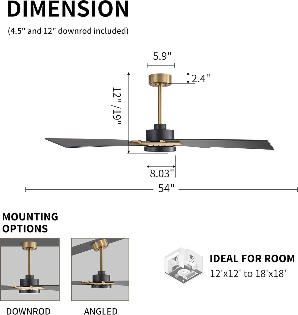 WINGBO 54 Inch Ceiling Fan with Light and Remote, 4 Plywood Blades, 6-Speed Reversible DC Motor, Dimmable, 3CCT, Farmhouse Ceiling Fan for Bedroom Living Room Kitchen, Brass and Black