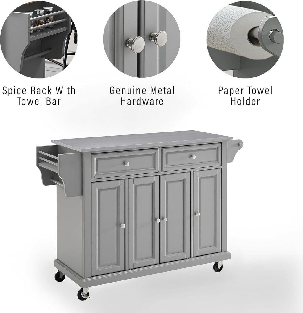 Crosley Furniture Full Size Stainless Steel Rolling Kitchen Island Storage Cart, Microwave Stand, Spice Rack, Gray