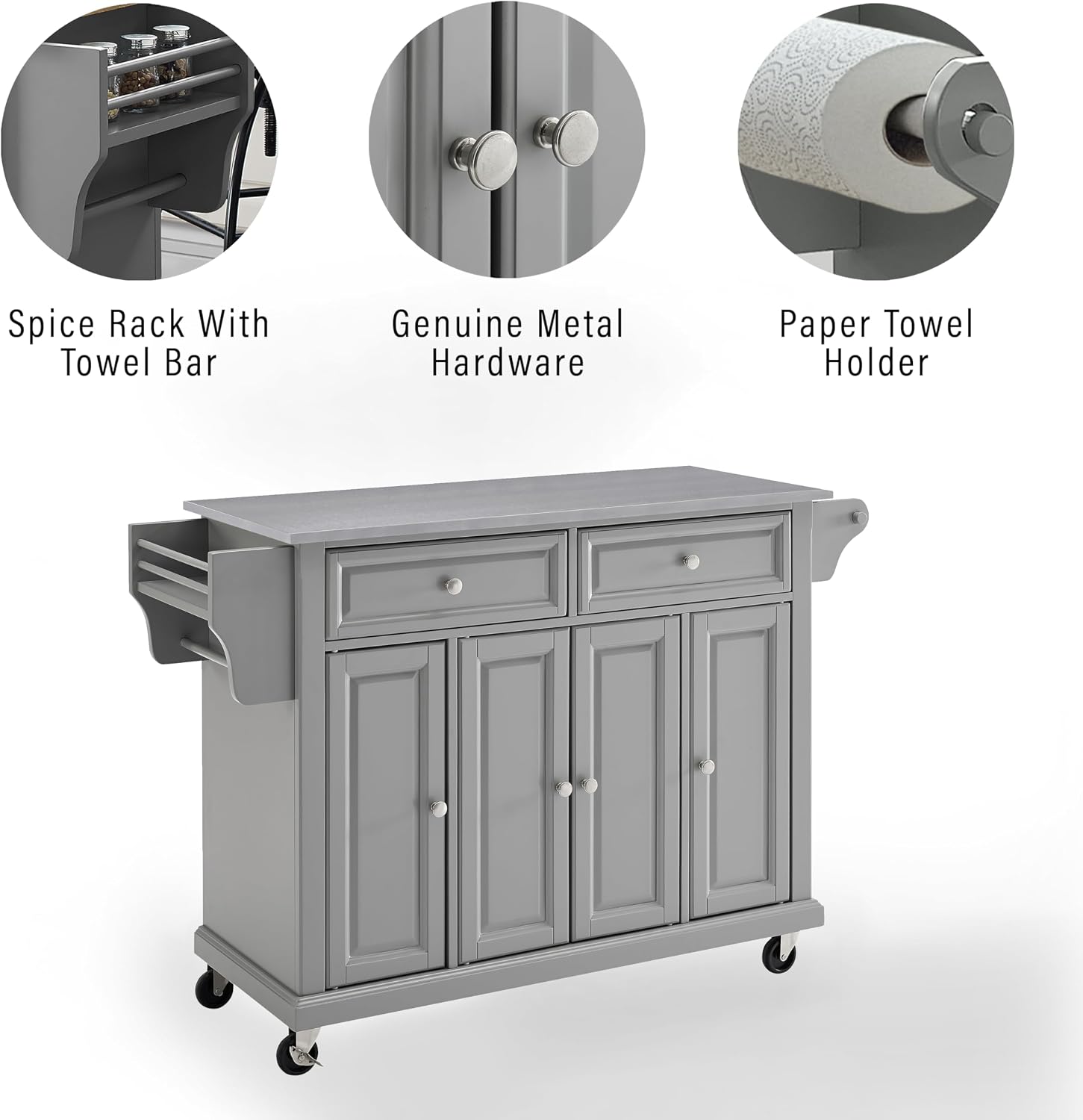 Crosley Furniture Full Size Stainless Steel Rolling Kitchen Island Storage Cart, Microwave Stand, Spice Rack, Gray