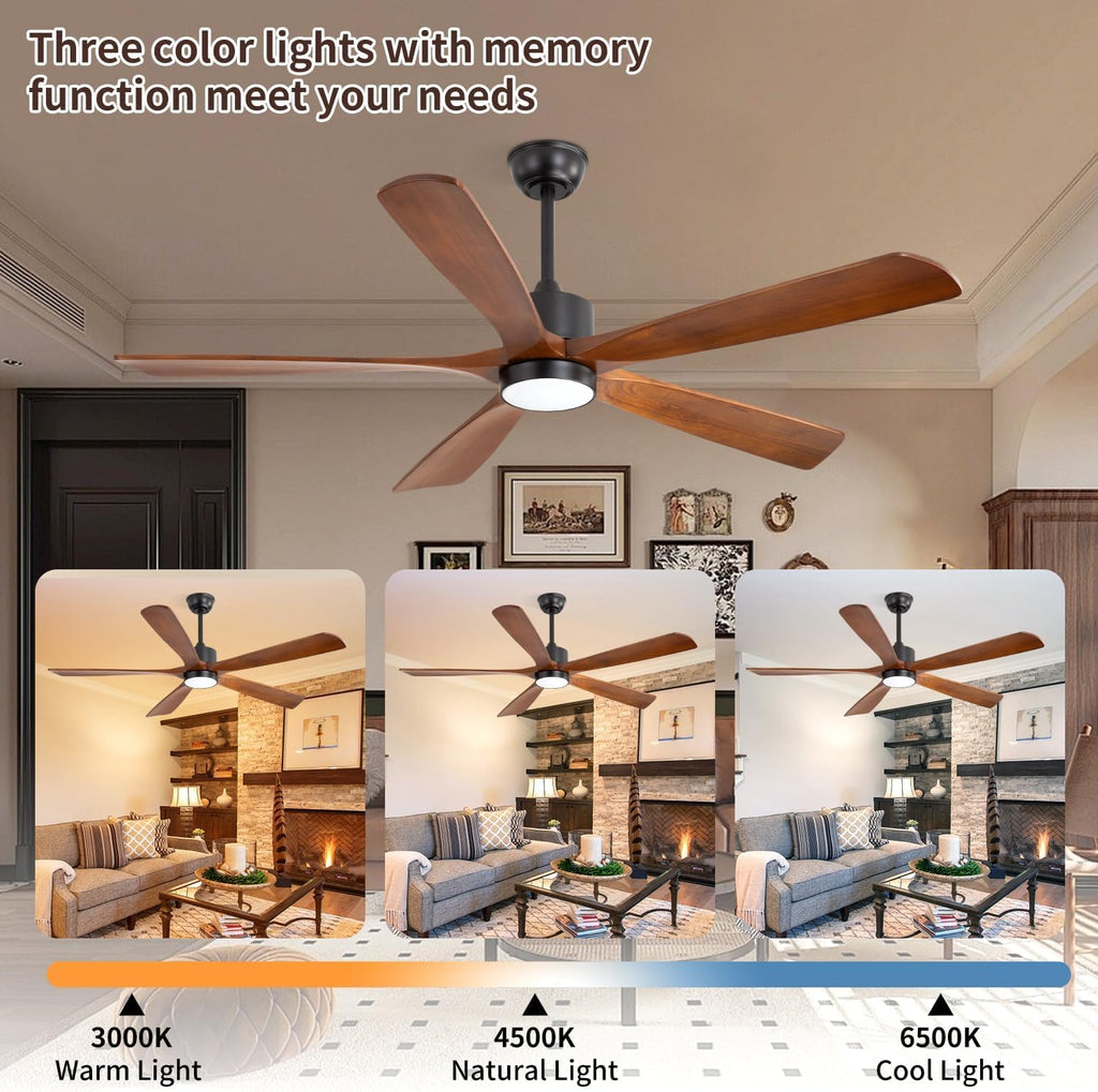70 Inch Ceiling Fan with Light - 5 Walnut Wood Blades, UL Damp Rated for Indoor & Outdoor, 3 Color LED (3000K-6500K), DC Motor, 6-Speed Reversible Remote, Farmhouse Bedroom