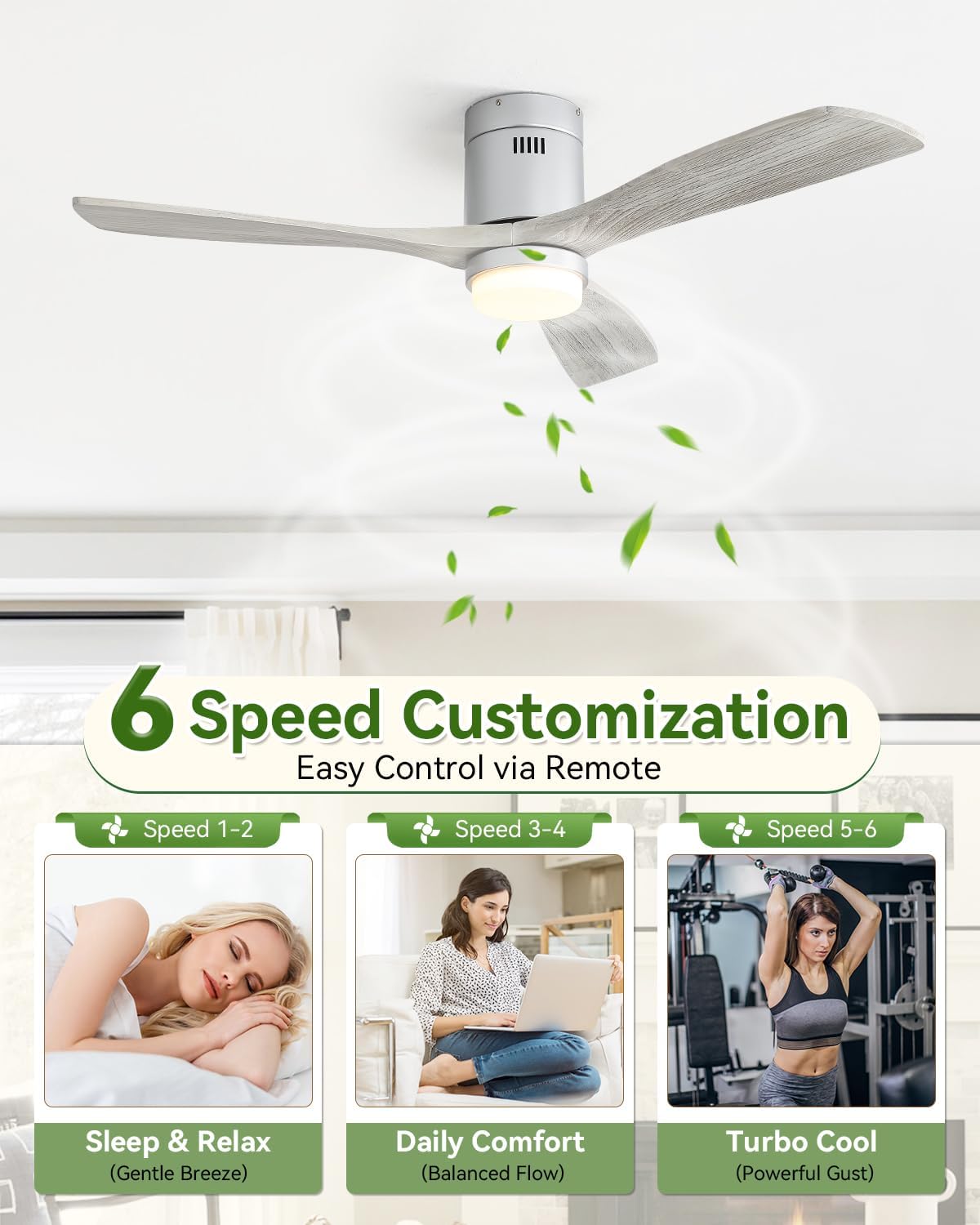 Sofucor 52' Solid Wood Low Profile Ceiling Fan with Light, Outdoor Ceiling Fan with Light and Remote, works with Alexa/Google/App 3-Color 6-Speed Noiseless Reversible DC Motor for Bedroom Living Room