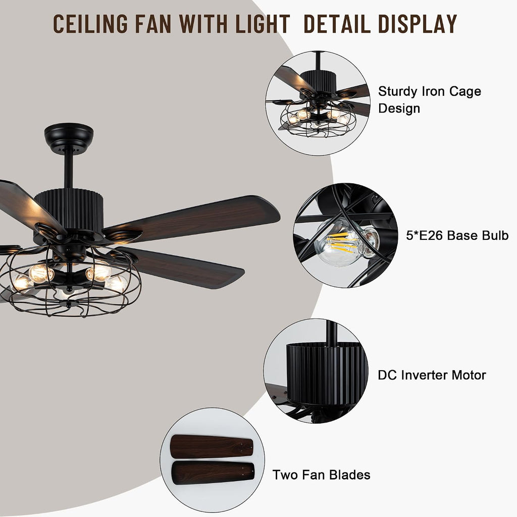 NA 52'' Retro Industrial Ceiling Fan with Iron Cage, Remote Control&Pull Chains, 5 Wood Reversible Blades, Vintage Pendant Light Fan for Bedroom/Living room/Dining room Black