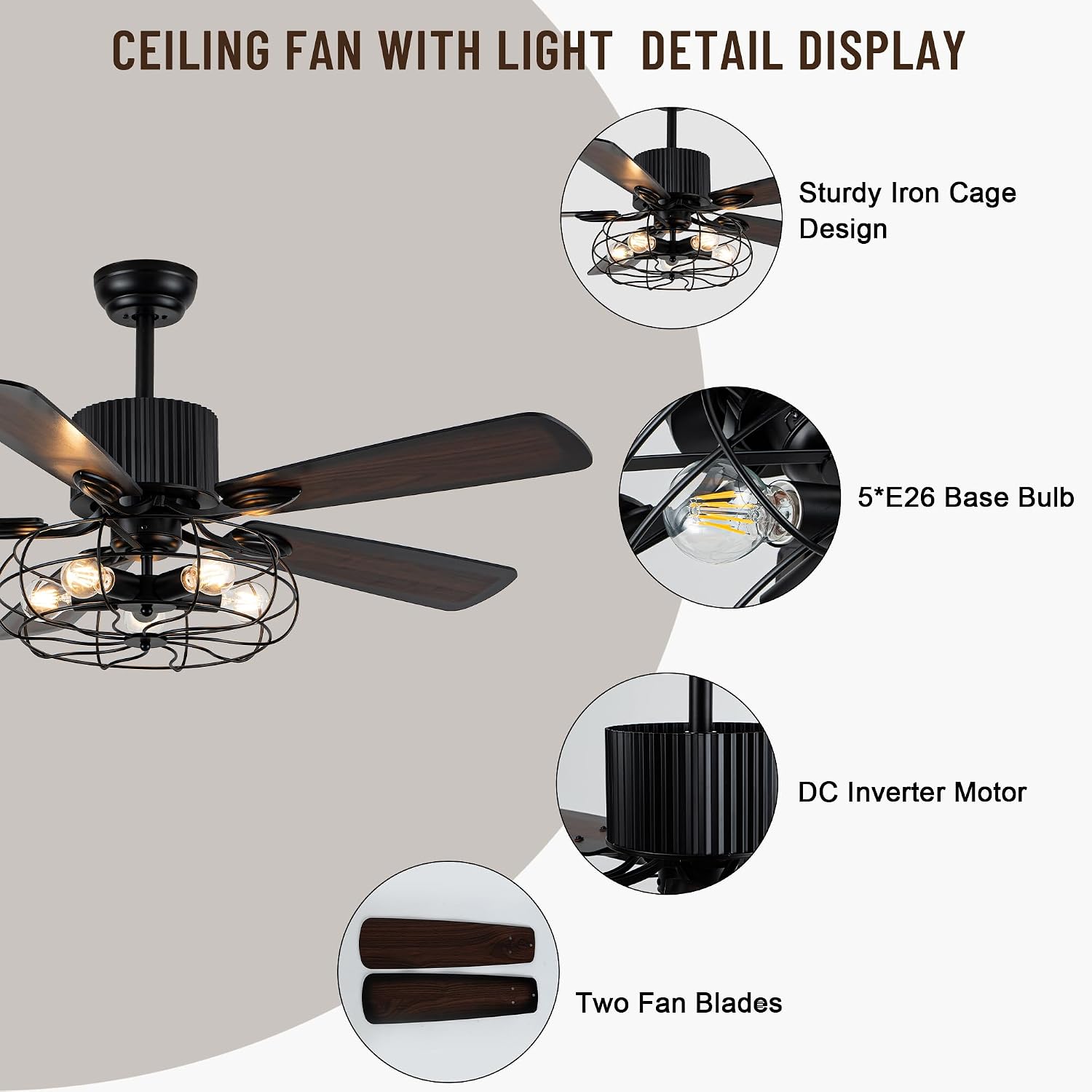 NA 52'' Retro Industrial Ceiling Fan with Iron Cage, Remote Control&Pull Chains, 5 Wood Reversible Blades, Vintage Pendant Light Fan for Bedroom/Living room/Dining room Black