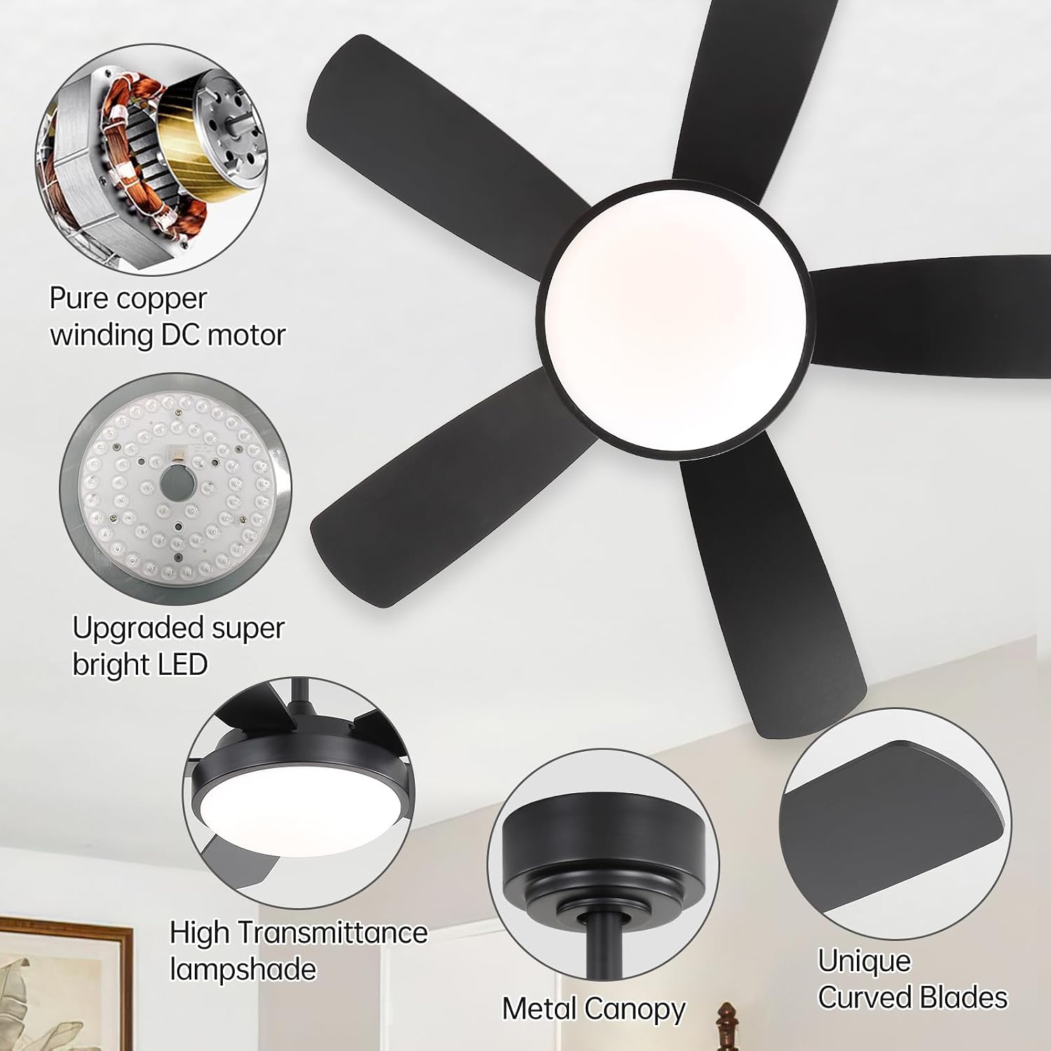 Sofucor 42 Inch Ceiling Fan with Light, Modern Ceiling Fan with Memory Large LED - Quiet DC Motor, 6 Speeds 4500CFM High Velocity, Dimmable, Timer, Reversible, for Living Room Bedroom, ETL/FCC, Black