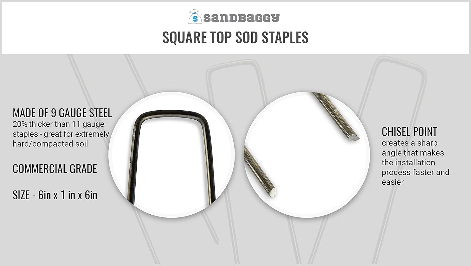 Sandbaggy 6 inch Landscape Sod Staples (9 Gauge Steel) ~ Great for Hard Soil - 20% Thicker Than Competition - Trusted by Farmers & Contractors Across USA (1000 Staples)