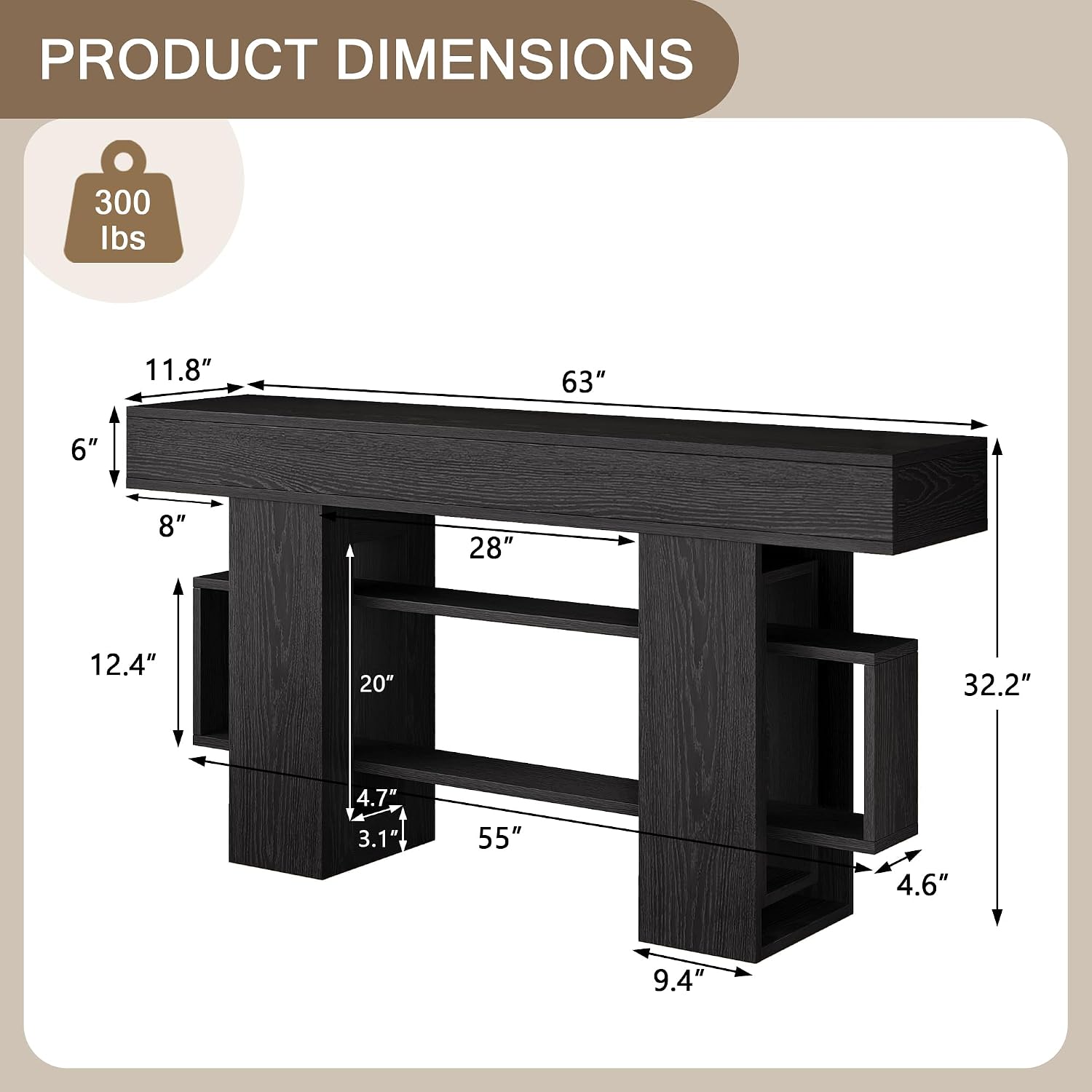 Einhomn 63 Inch Long Console Table for Entryway, Modern Wooden Sofa Table Behind Couch with 3-Tier Storage Shelf, Narrow Entry Accent Table for Living Room, Hallway, Foyer, Black
